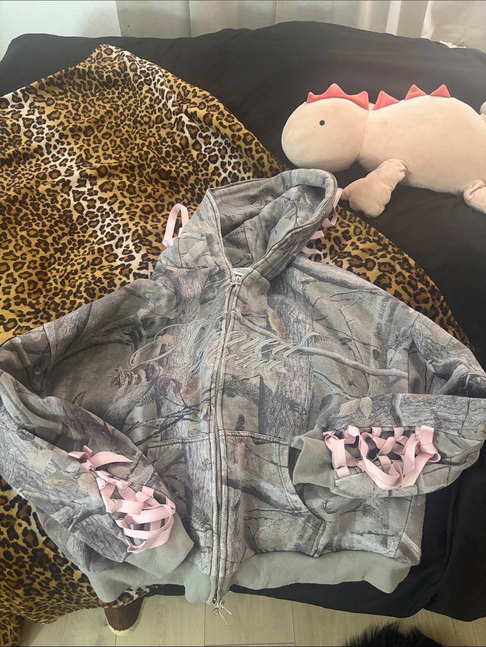 Gray Camo Zip-Up Hoodie with Pink Ribbon Detail